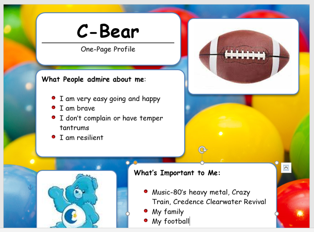 background of ball pit balls.  Text boxes describing preferences.  Pictures of favorite objects such as a blue Carebear and football
